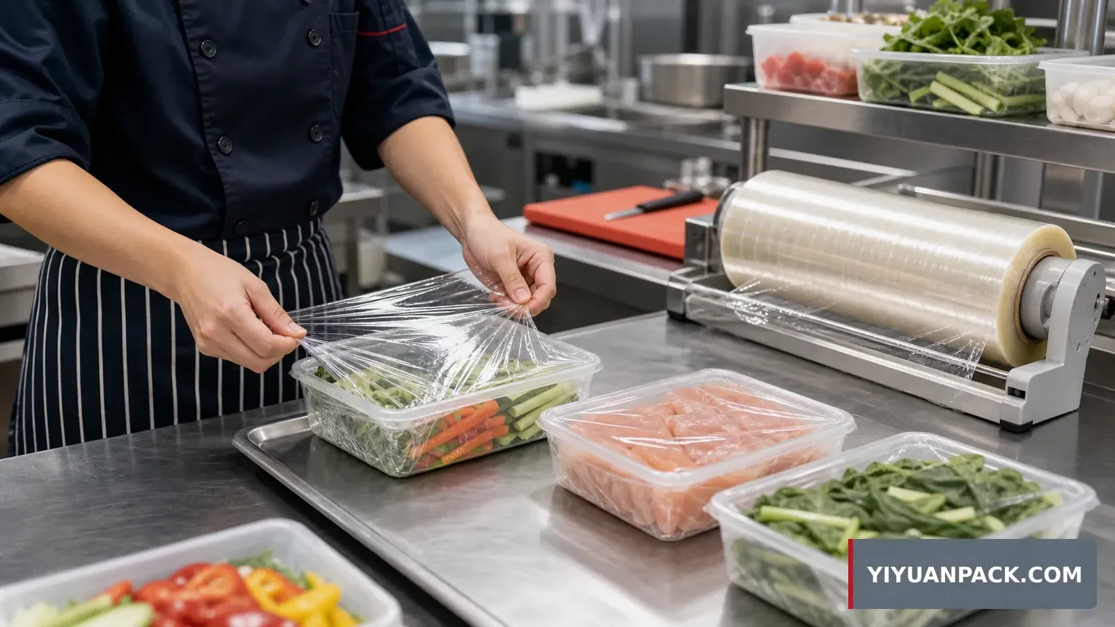 Food service cling film cutter boxes and wrapped kitchen containers prepared for wholesale buyer inspection
