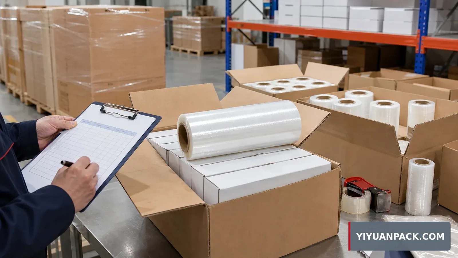 Restaurant supply buyer comparing cling film roll width cutter box strength and carton packing