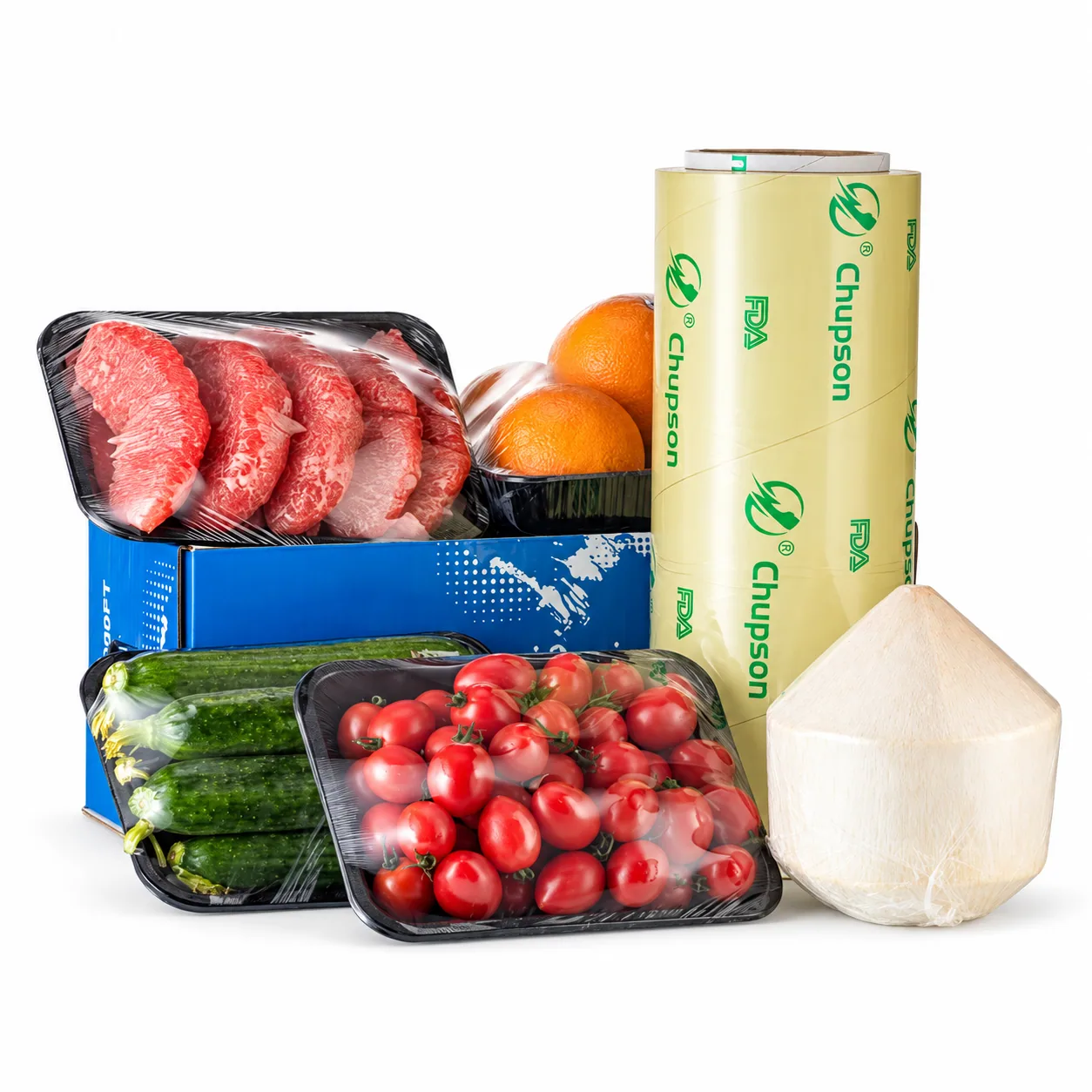 Cling film rolls with wrapped fresh food displays