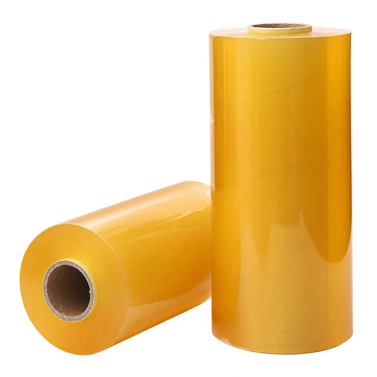 Large PVC cling film rolls in standing and horizontal positions
