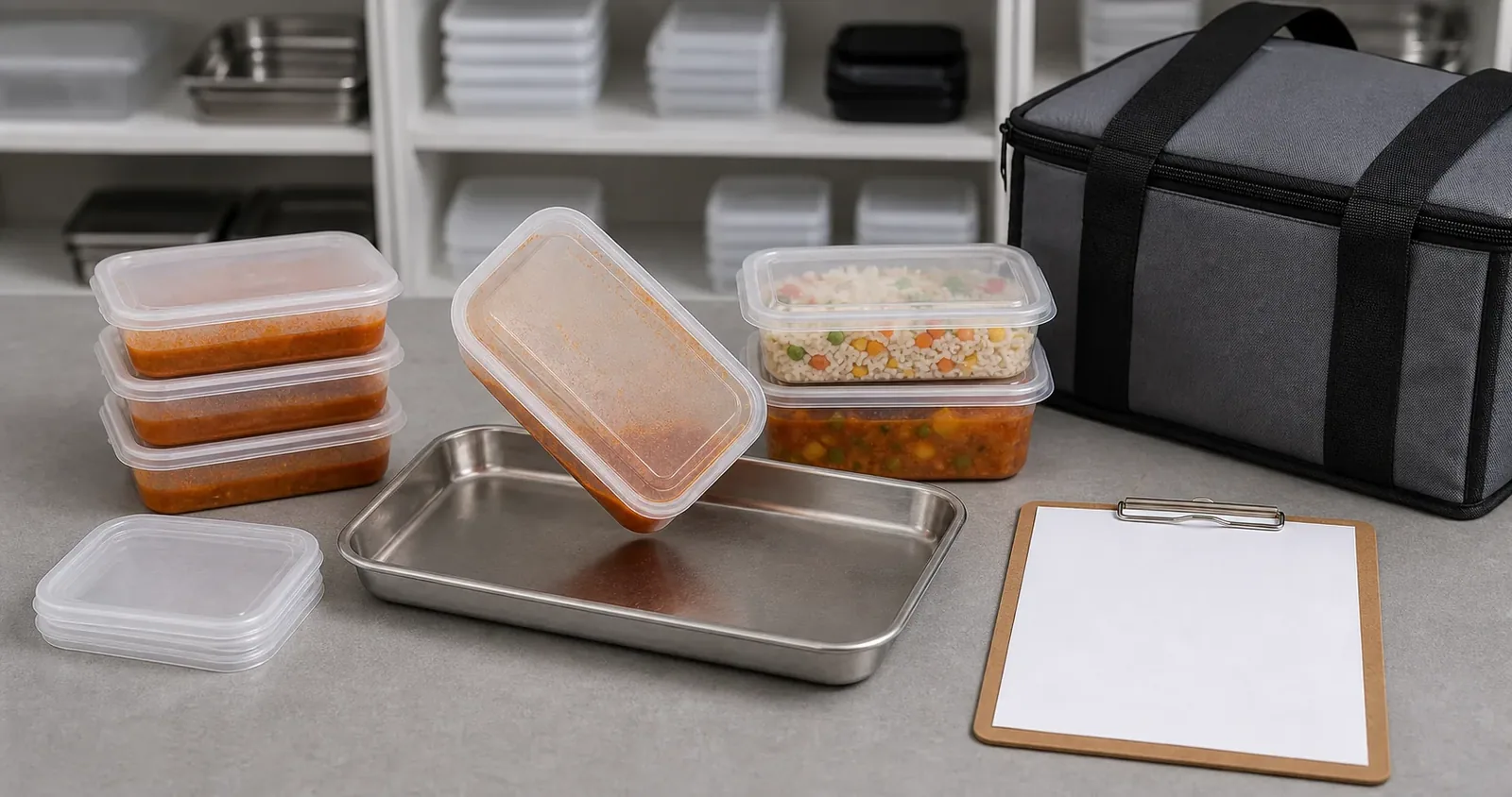 leak resistance test for takeaway food containers with sauce tilt inversion delivery bag and stacked containers