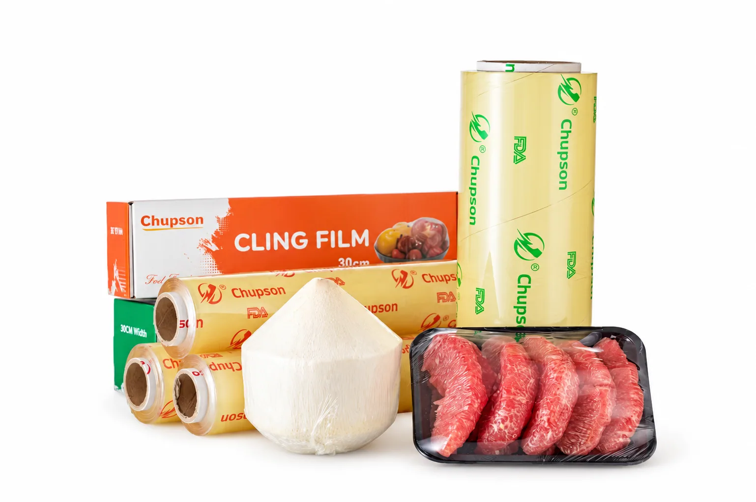 Boxed cling film and a wrapped food tray