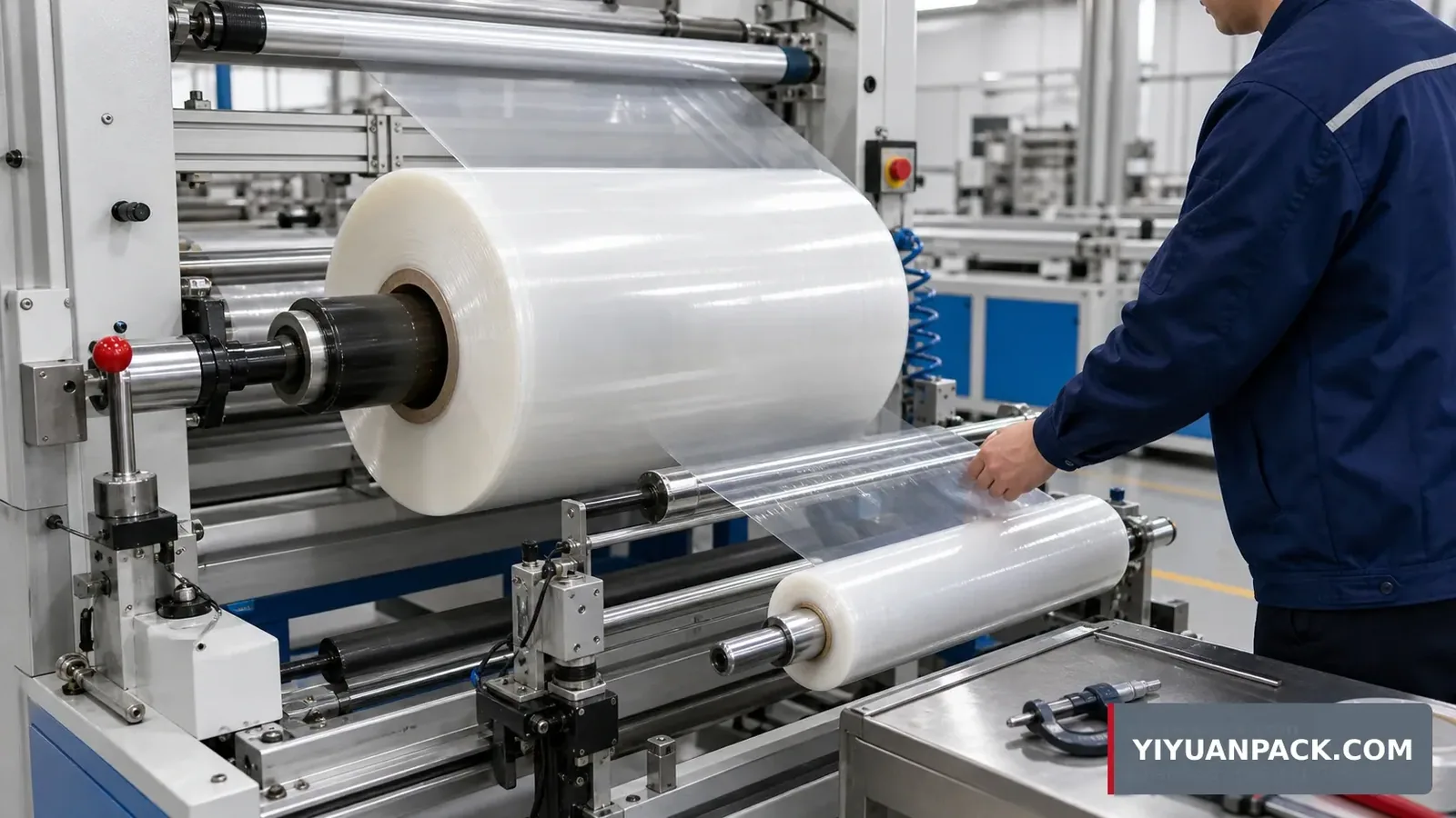 PE cling film jumbo rolls on a factory inspection table with core size and roll weight checks