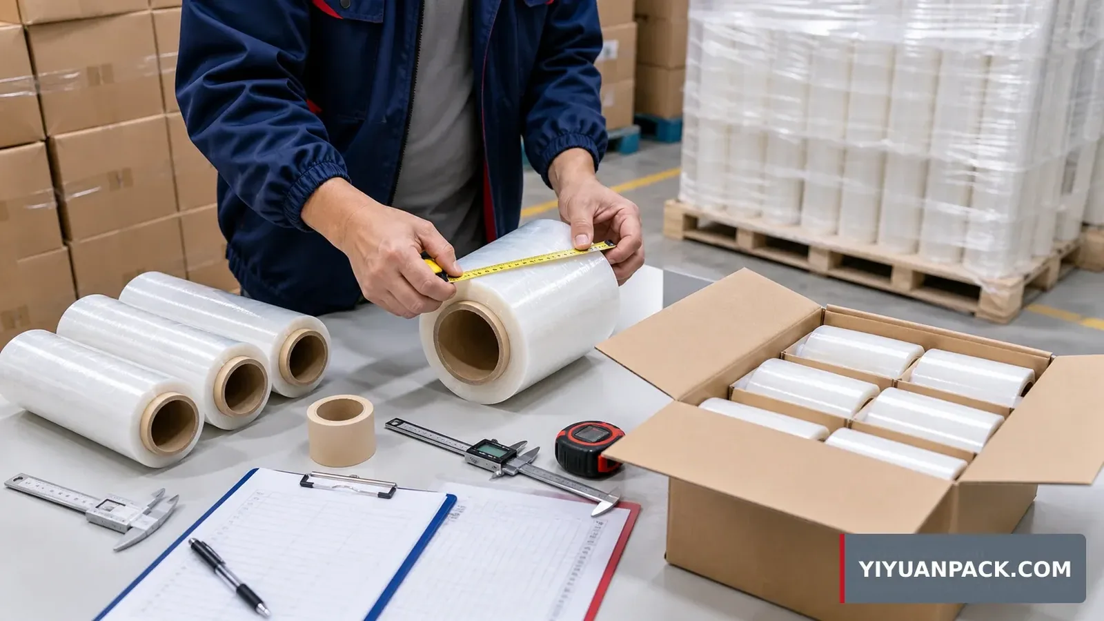 Warehouse pallet plan for PE cling film jumbo rolls with carton labels and container loading checks