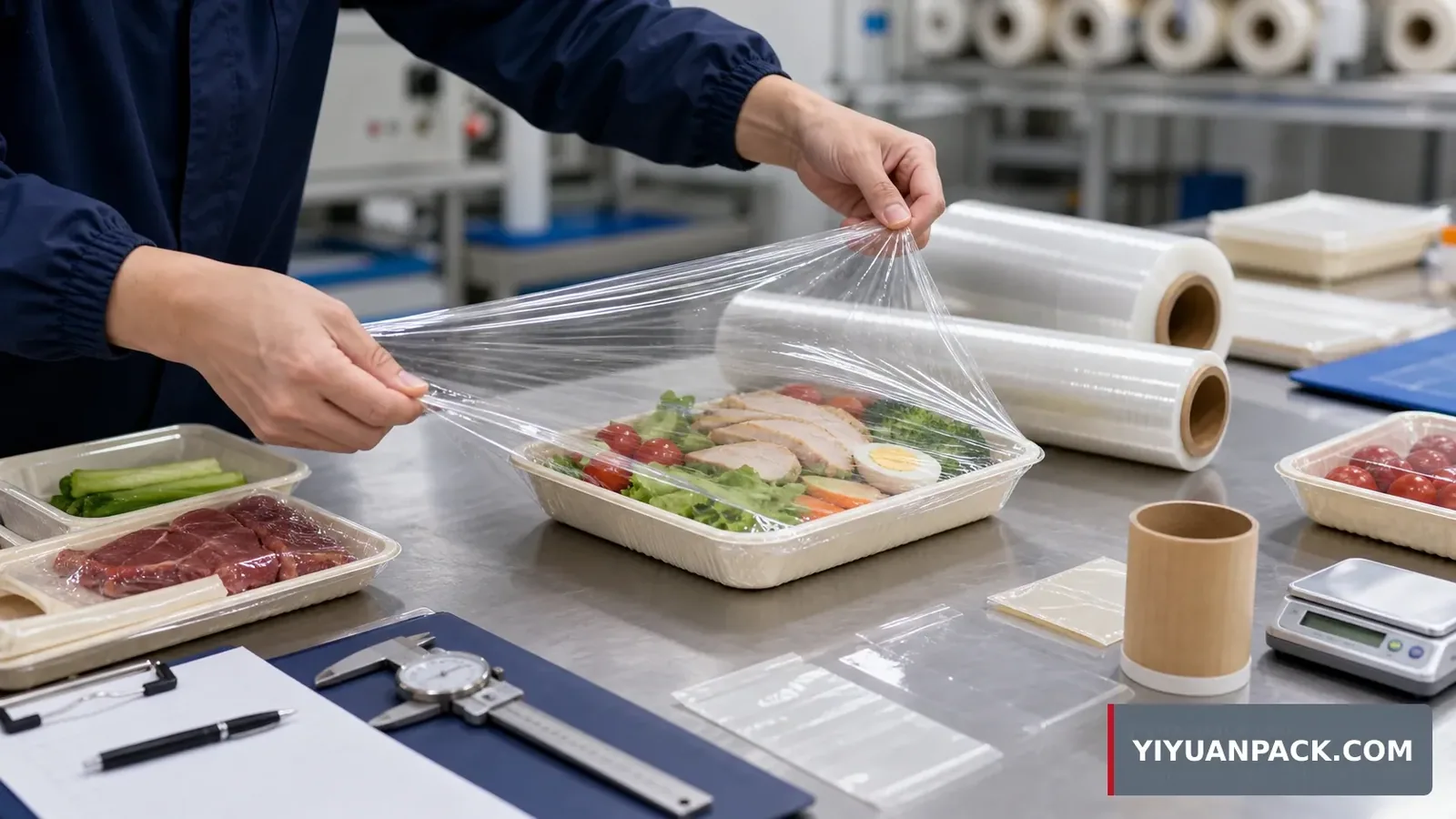 Quality control table comparing PE cling film rolls with width, thickness, and core size checks for import buyers