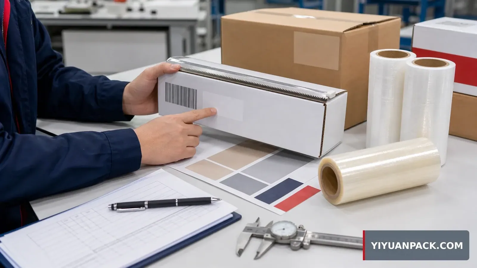 Importer reviewing private label cling film artwork barcode carton marks and cutter box dieline before production
