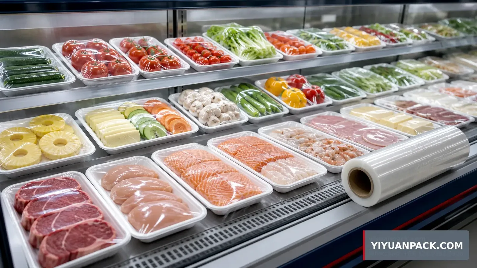Supermarket buyer checking PVC fresh wrap clarity on produce deli and meat trays under display lighting