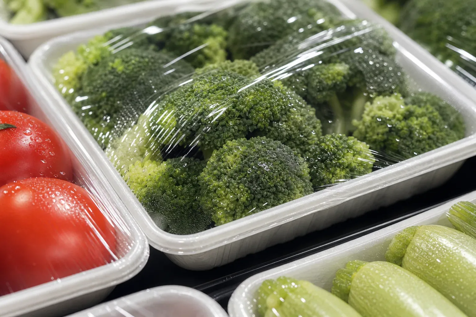 PVC fresh wrap clarity edge hold and moisture check on supermarket fruit and vegetable trays under cold display