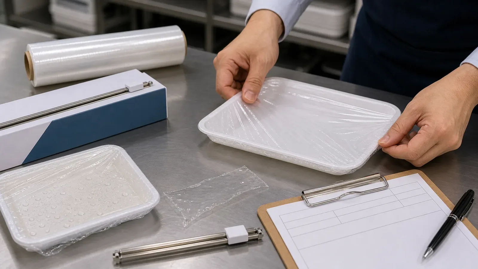 buyer testing cling film tray corner stretch blade cutting moisture edge and approved sample record